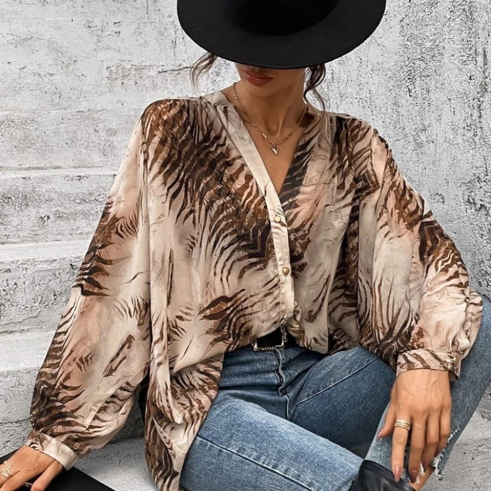 Multicolor Womens tiger print button down Shirt - Picture 4 of 5